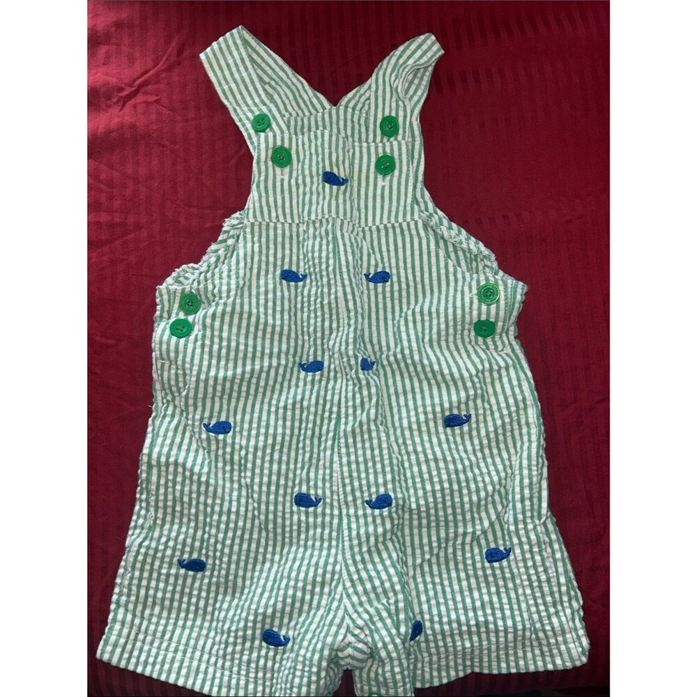 Little Me 24 Month Green Stripe Kids Overalls with Blue Whale Motif
